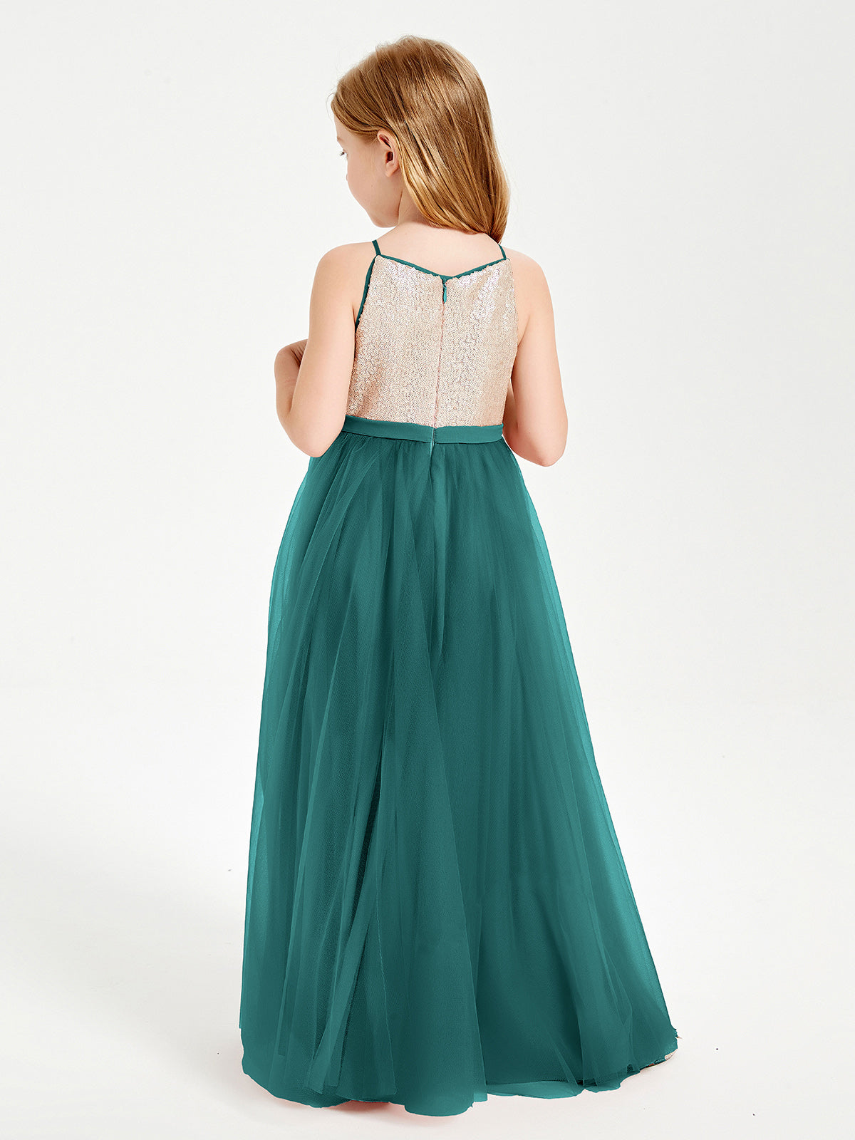 Sequined Top Long Tulle Junior Bridesmaid Gown Peacock